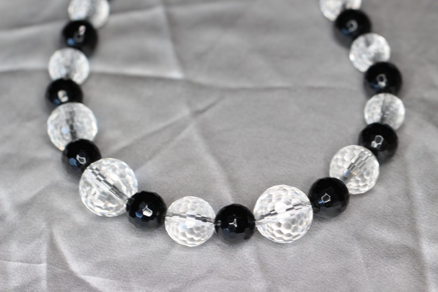 Black and Clear White Design Quartz Crystal and Black Onyx Natural Faceted Gemstone Graduated Necklace