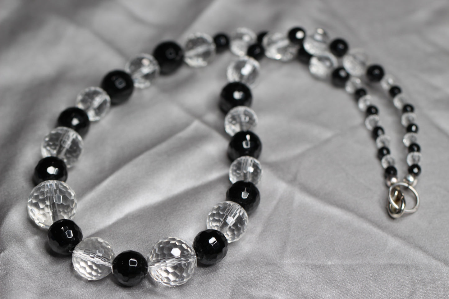 Black and Clear White Design Quartz Crystal and Black Onyx Natural Faceted Gemstone Graduated Necklace