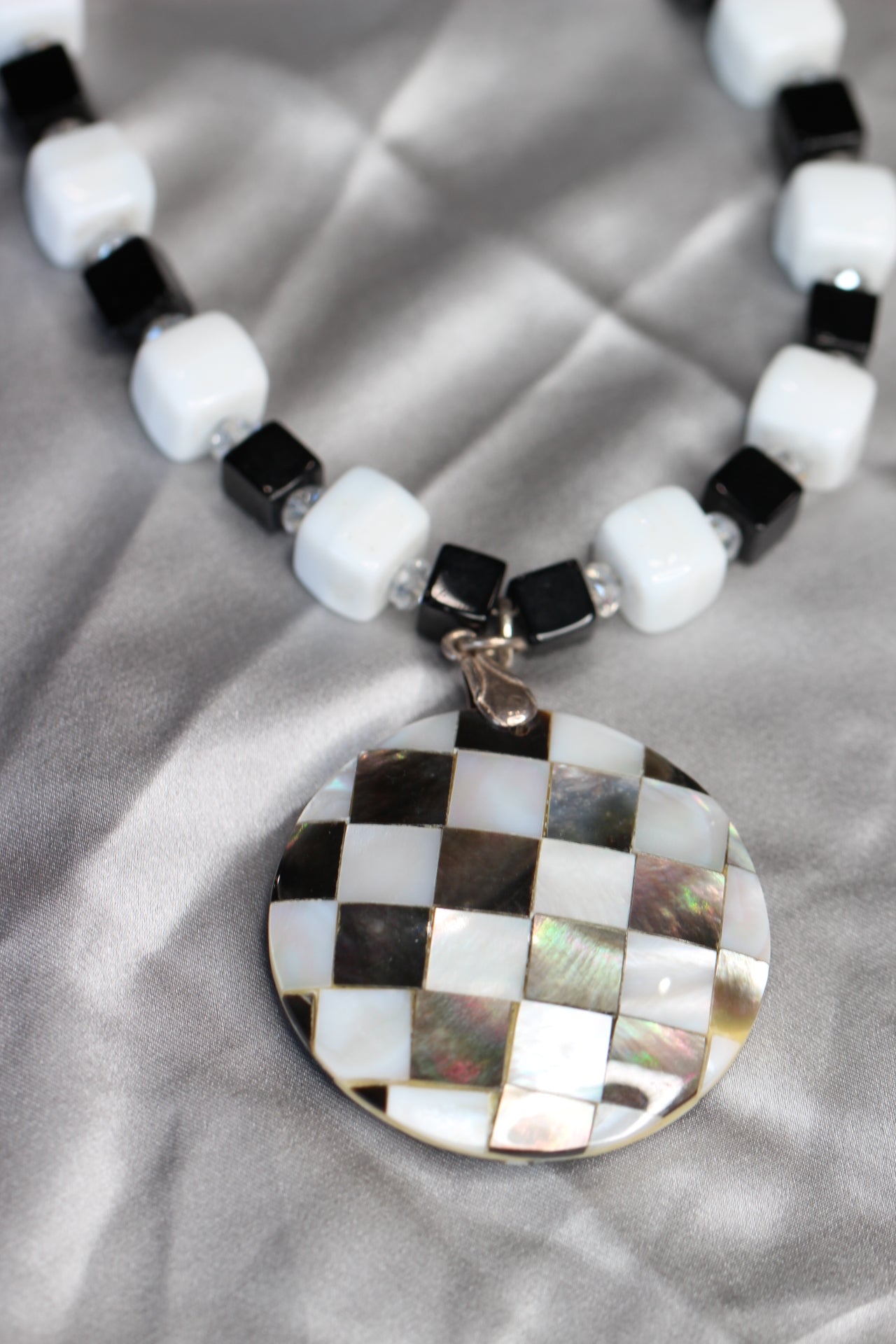 Black, White, and Clear Onyx, Quartz and Mother of Pearl Gemstone Necklace