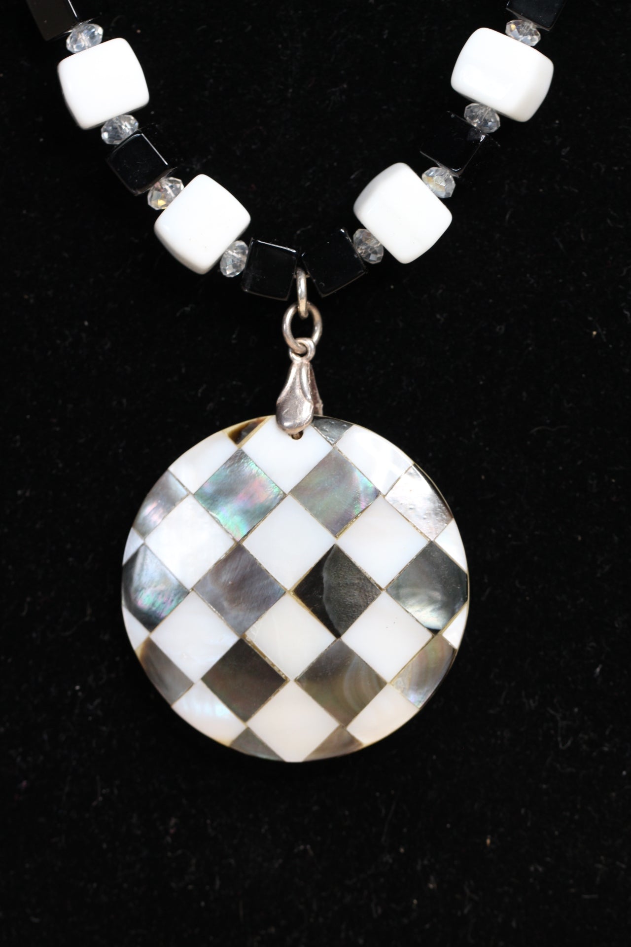 Black, White, and Clear Onyx, Quartz and Mother of Pearl Gemstone Necklace