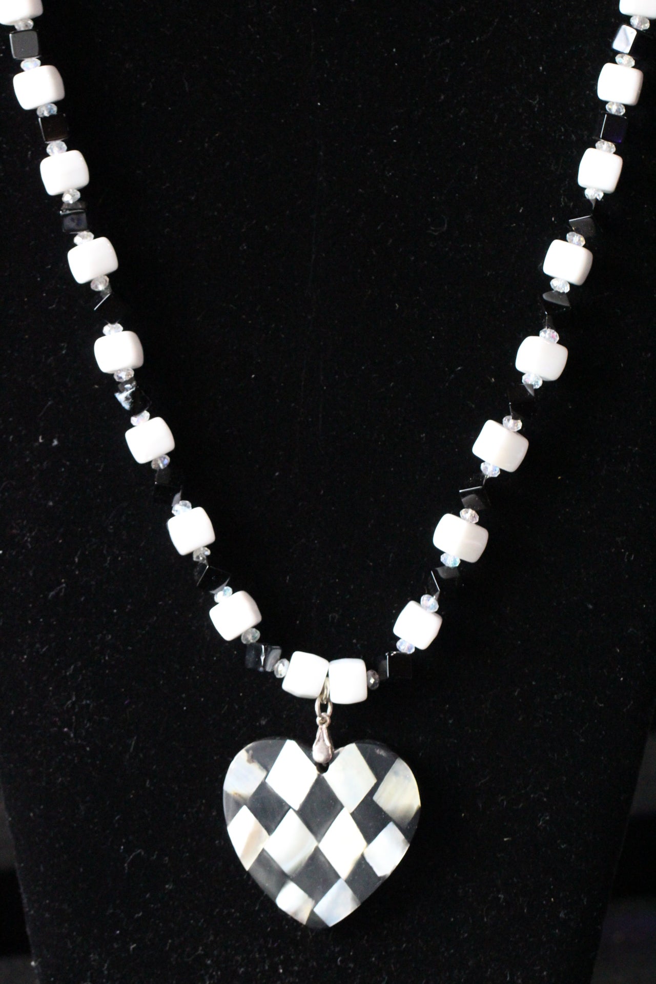 Black, White, and Clear Onyx, Quartz and Gemstone Necklace Heart Shaped Pendant 25"