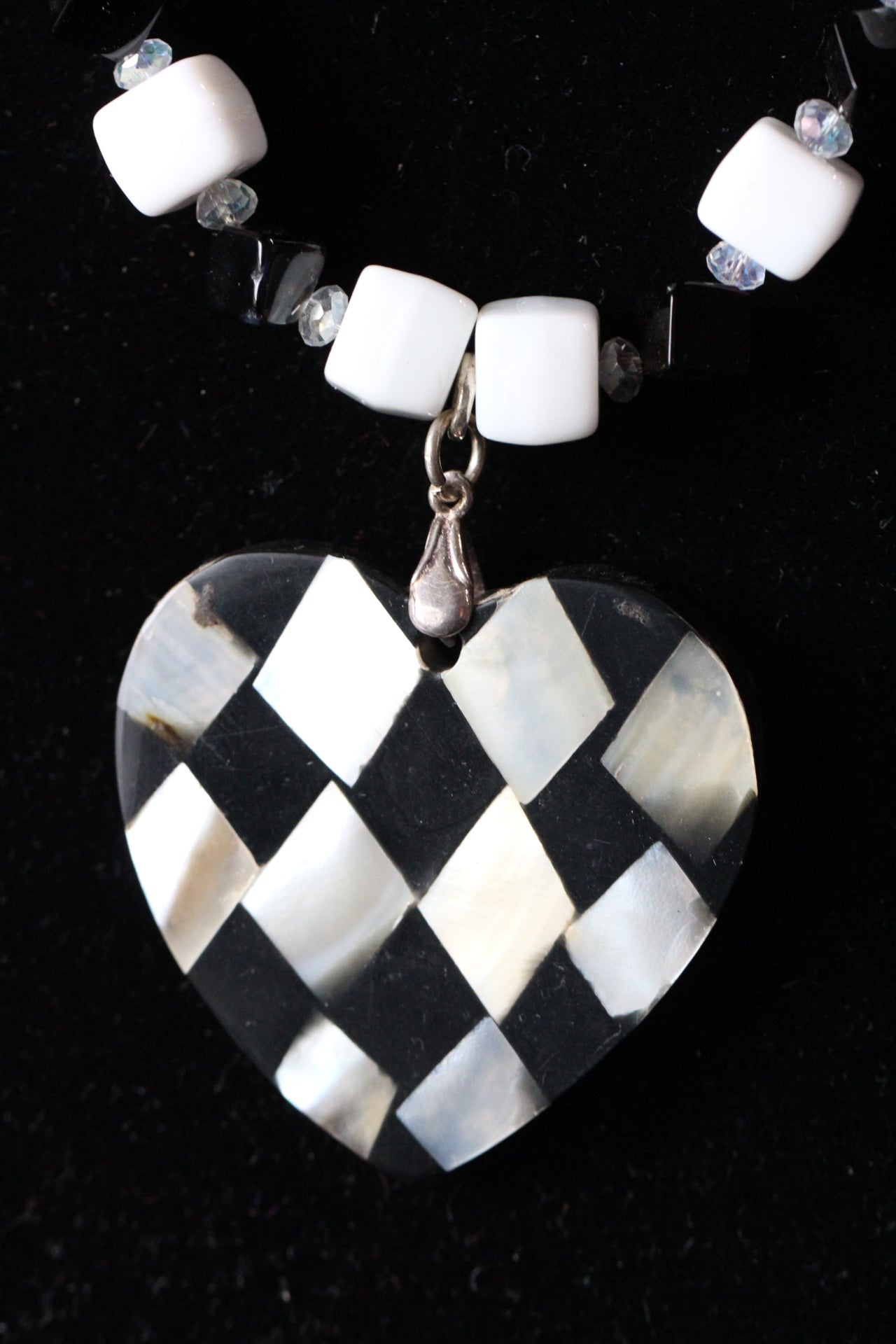 Black, White, and Clear Onyx, Quartz and Gemstone Necklace Heart Shaped Pendant 25"