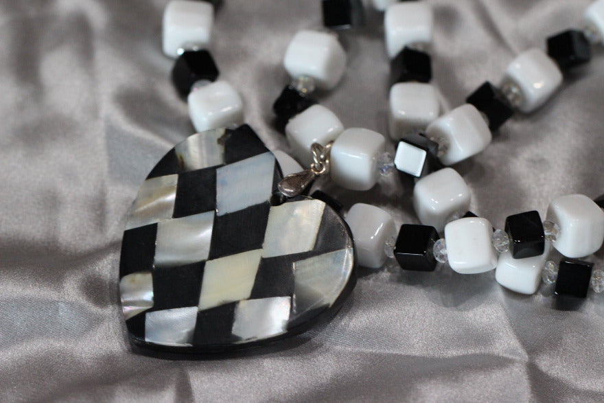 Black, White, and Clear Onyx, Quartz and Gemstone Necklace Heart Shaped Pendant 25"