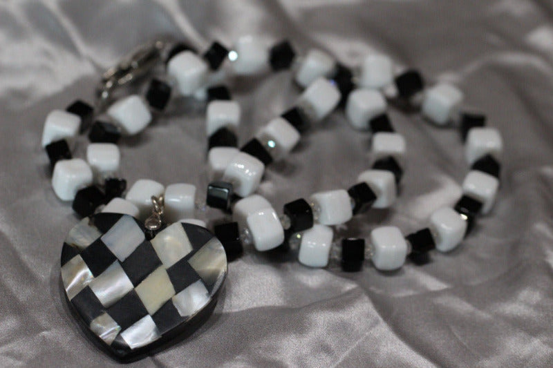 Black, White, and Clear Onyx, Quartz and Gemstone Necklace Heart Shaped Pendant 25"