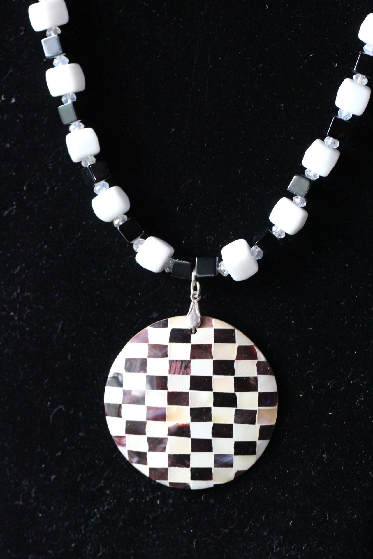 Black, White, and Clear Onyx, Quartz and Gemstone Necklace Heart Shaped Pendant 25"