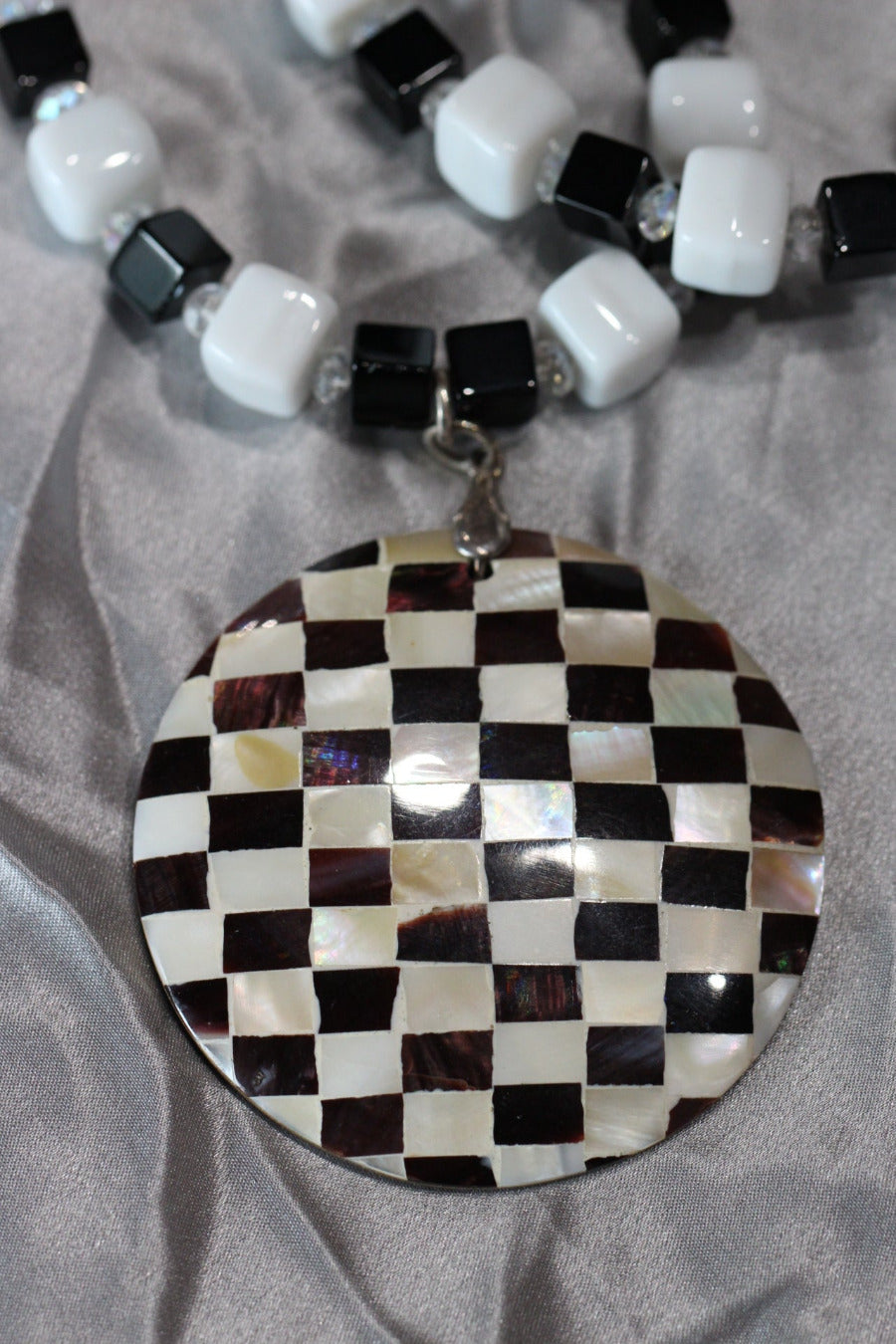 Black, White, and Clear Onyx, Quartz and Gemstone Necklace Heart Shaped Pendant 25"