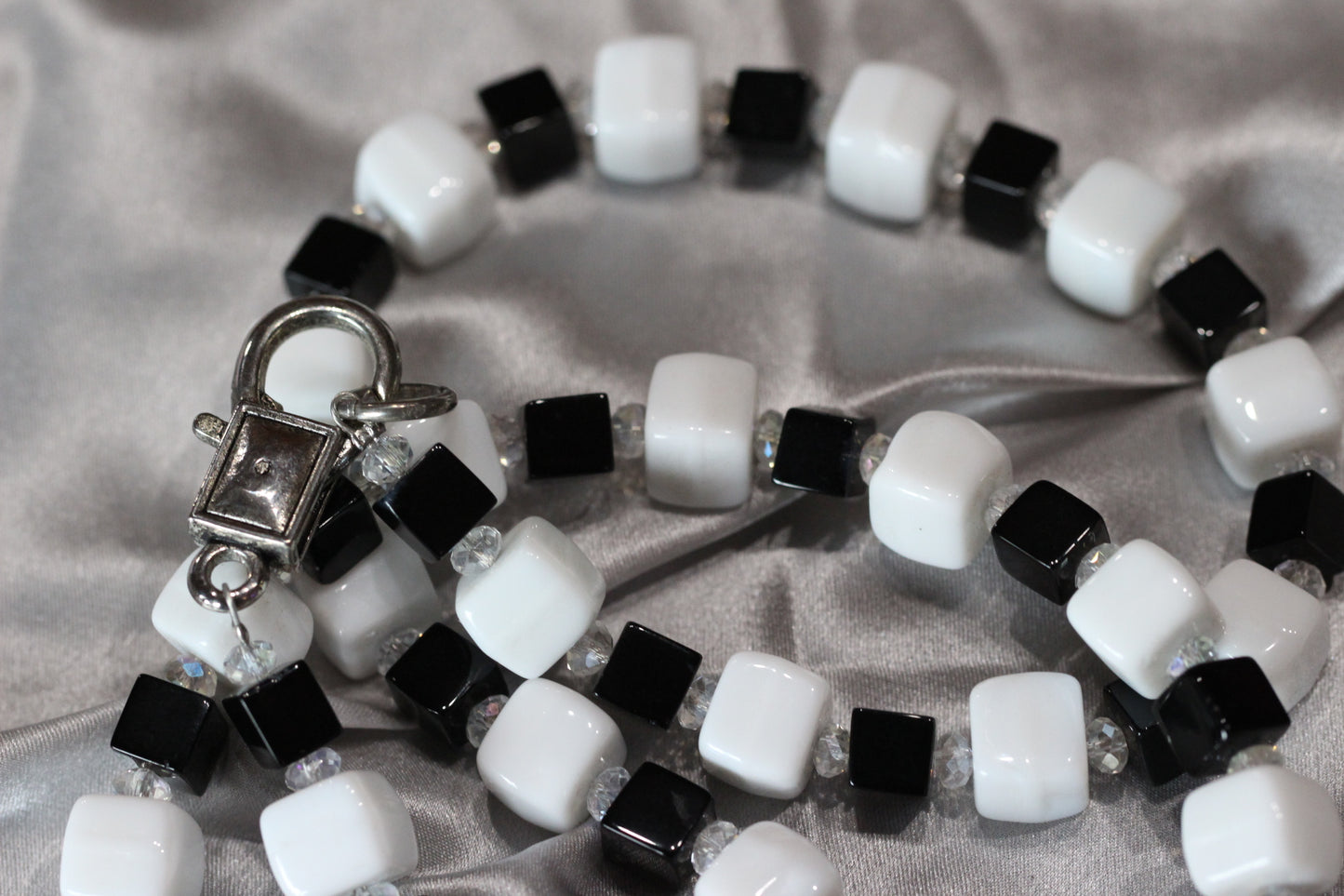 Black, White, and Clear Onyx, Quartz and Gemstone Necklace Heart Shaped Pendant 25"