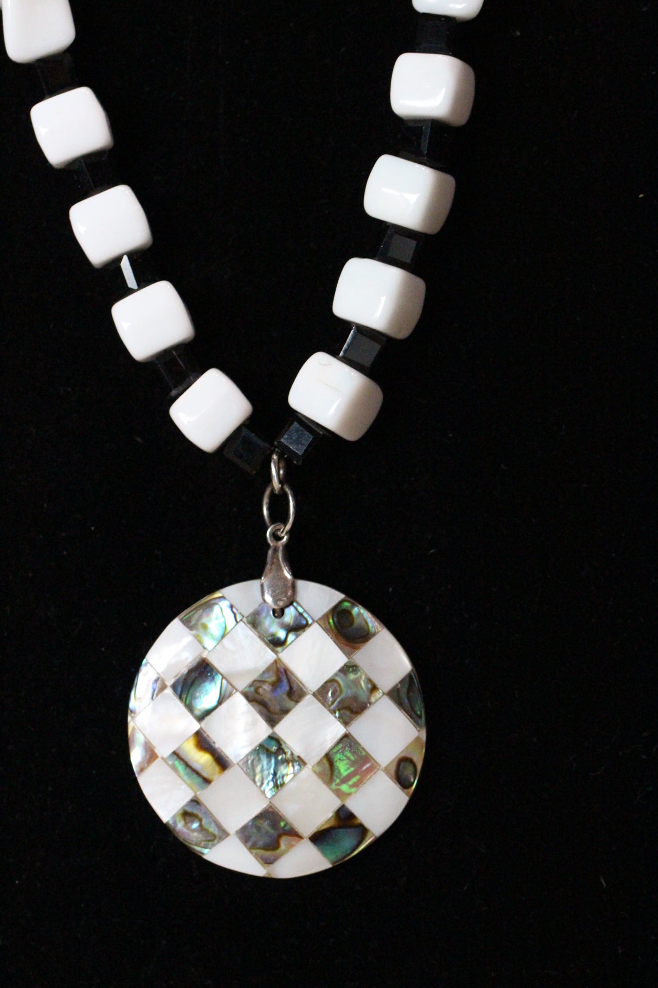 Black Onyx Gemstone and White Glass Bead Necklace Checkered Flag Pendant 19"