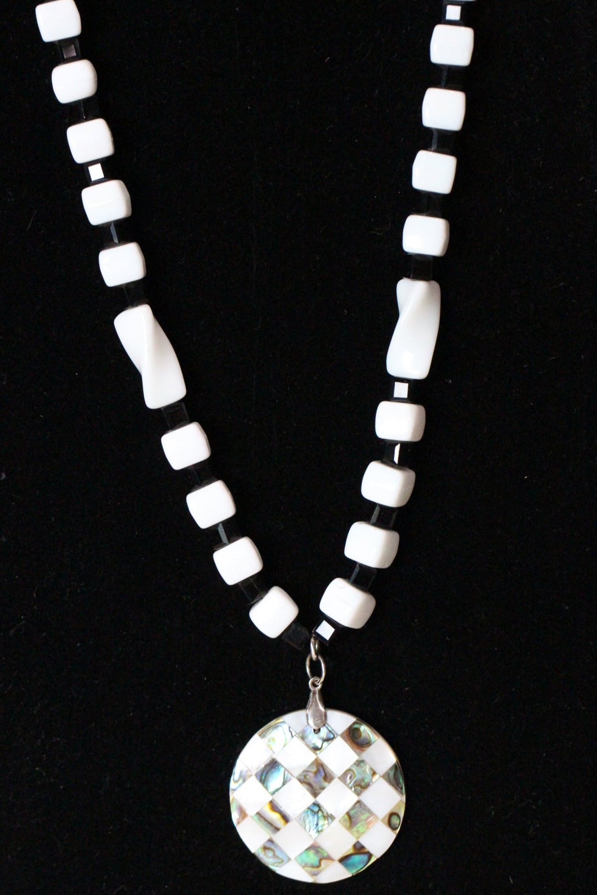 Black Onyx Gemstone and White Glass Bead Necklace Checkered Flag Pendant 19"