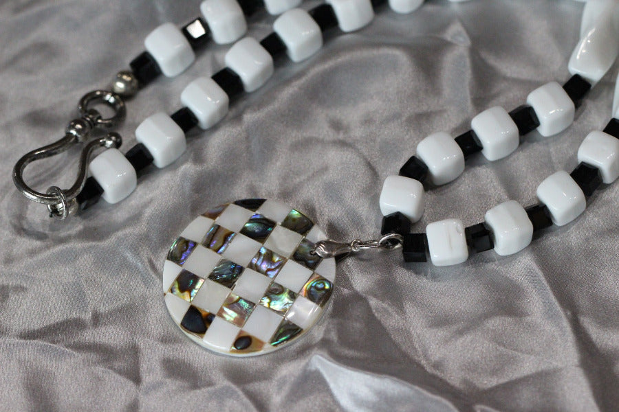 Black Onyx Gemstone and White Glass Bead Necklace Checkered Flag Pendant 19"