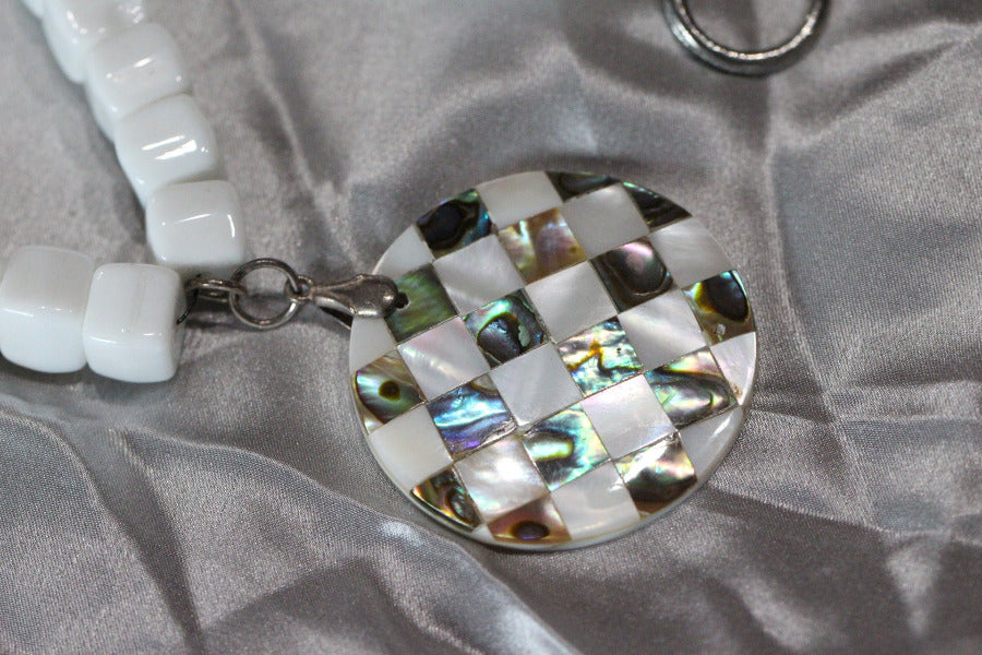 White Glass Bead Cube Shape Necklace & Checkered Flag Abalone MOP Pendant 19"