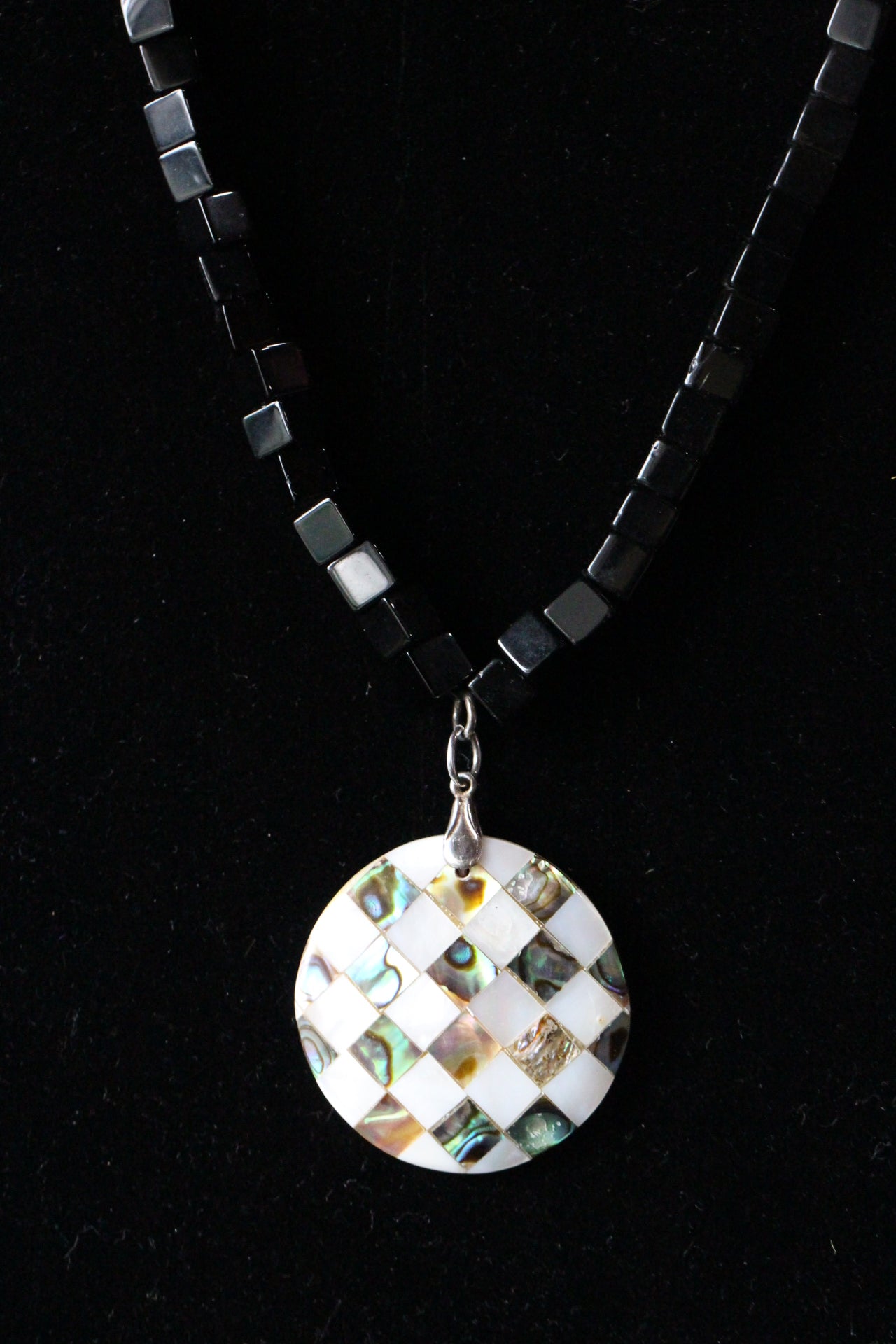 Black Onyx Cube Shape Necklace & Checkered Flag Abalone MOP Pendant 19"