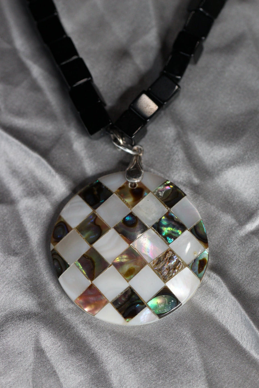 Black Onyx Cube Shape Necklace & Checkered Flag Abalone MOP Pendant 19"
