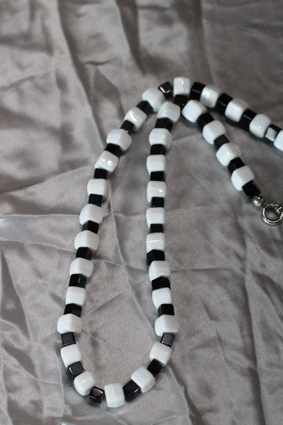 Black and White Glass Bead Necklace Checkered Flag 20"