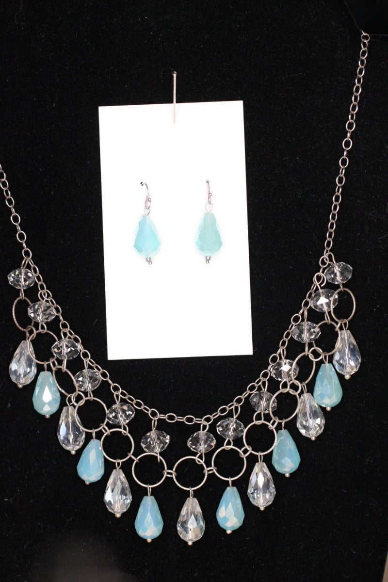 Crystal Blue and Clear Teardrop .925 Sterling Silver Chain mail Necklace and Earrings Set