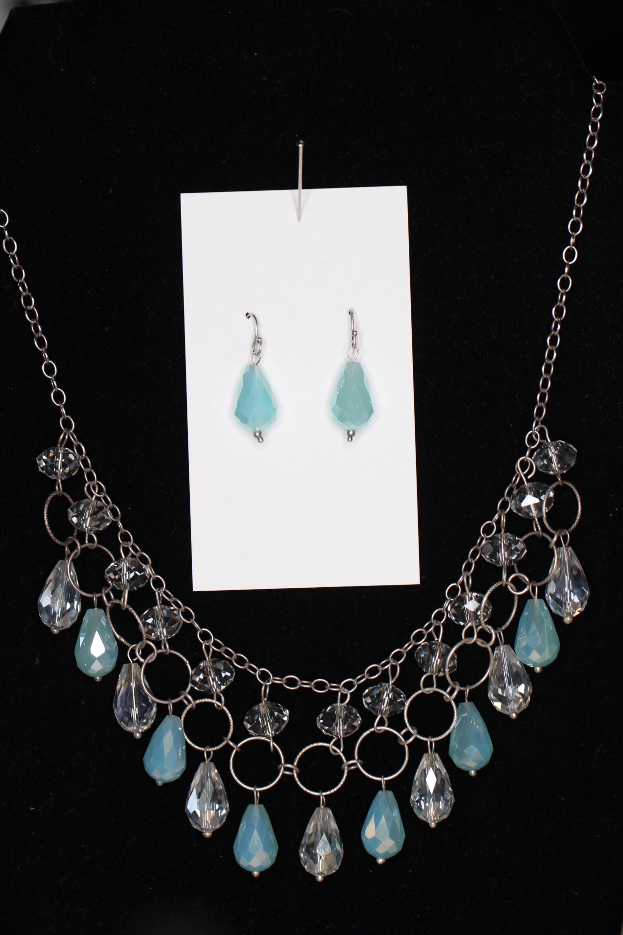 Crystal Blue and Clear Teardrop .925 Sterling Silver Chain mail Necklace and Earrings Set