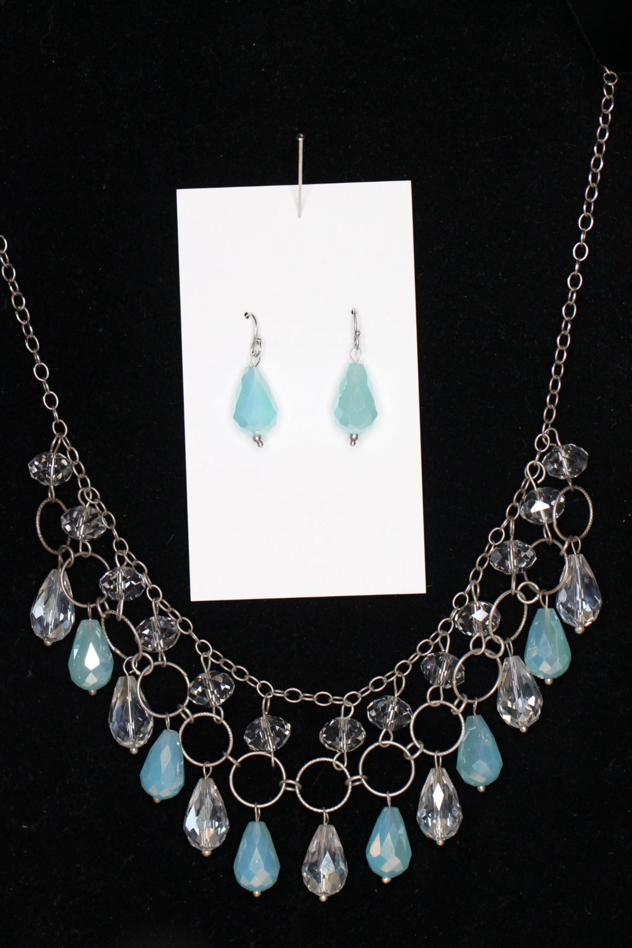 Crystal Blue and Clear Teardrop .925 Sterling Silver Chain mail Necklace and Earrings Set