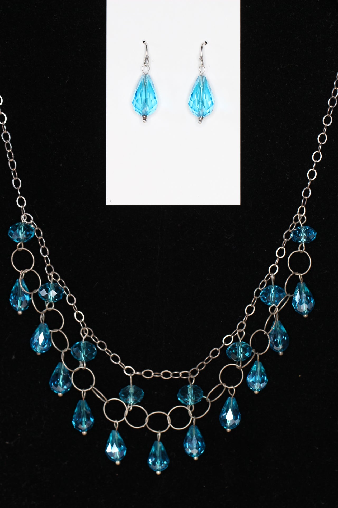 Crystal Blue and Clear Teardrop .925 Sterling Silver Chain mail Necklace and Earrings Set