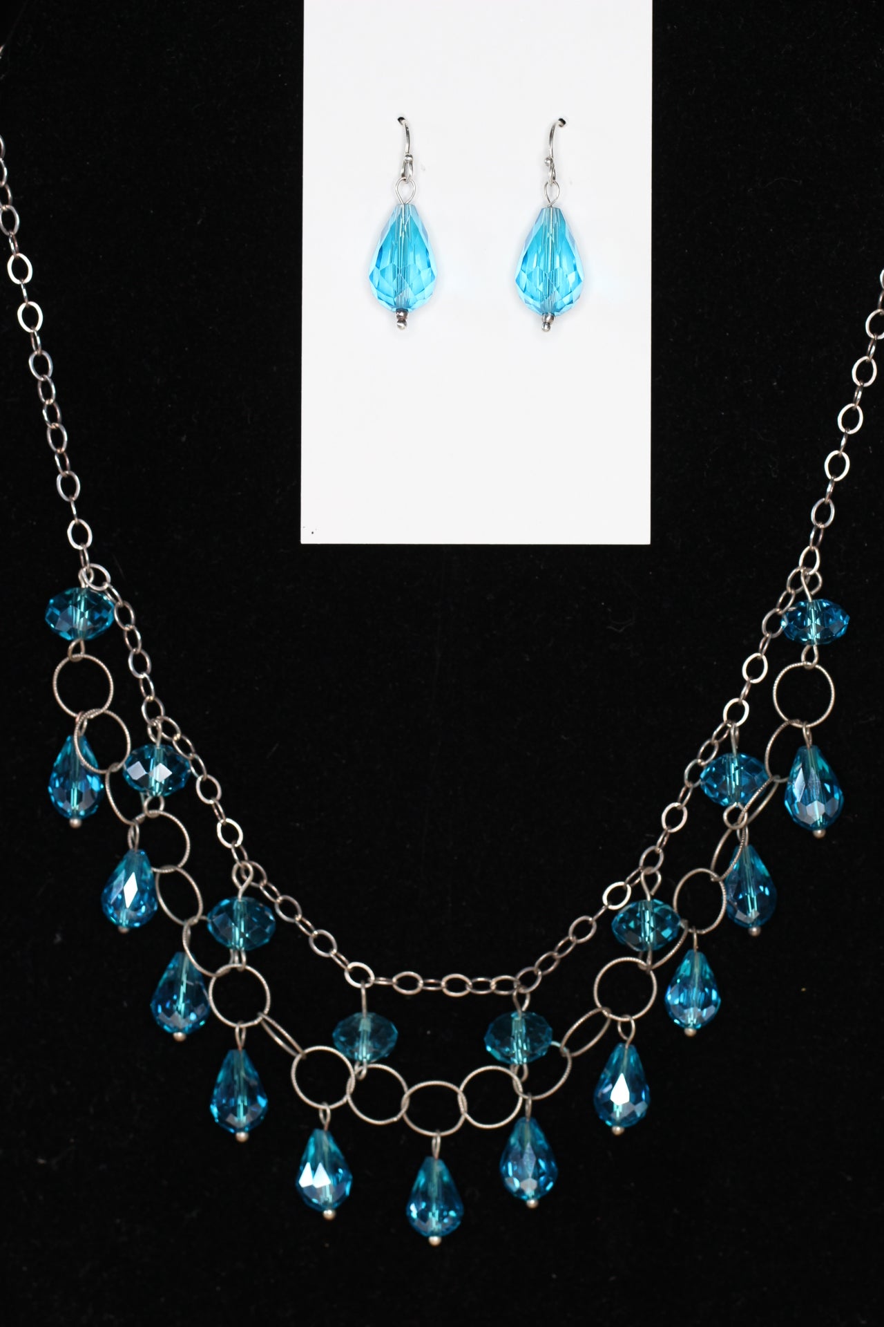 Crystal Blue and Clear Teardrop .925 Sterling Silver Chain mail Necklace and Earrings Set