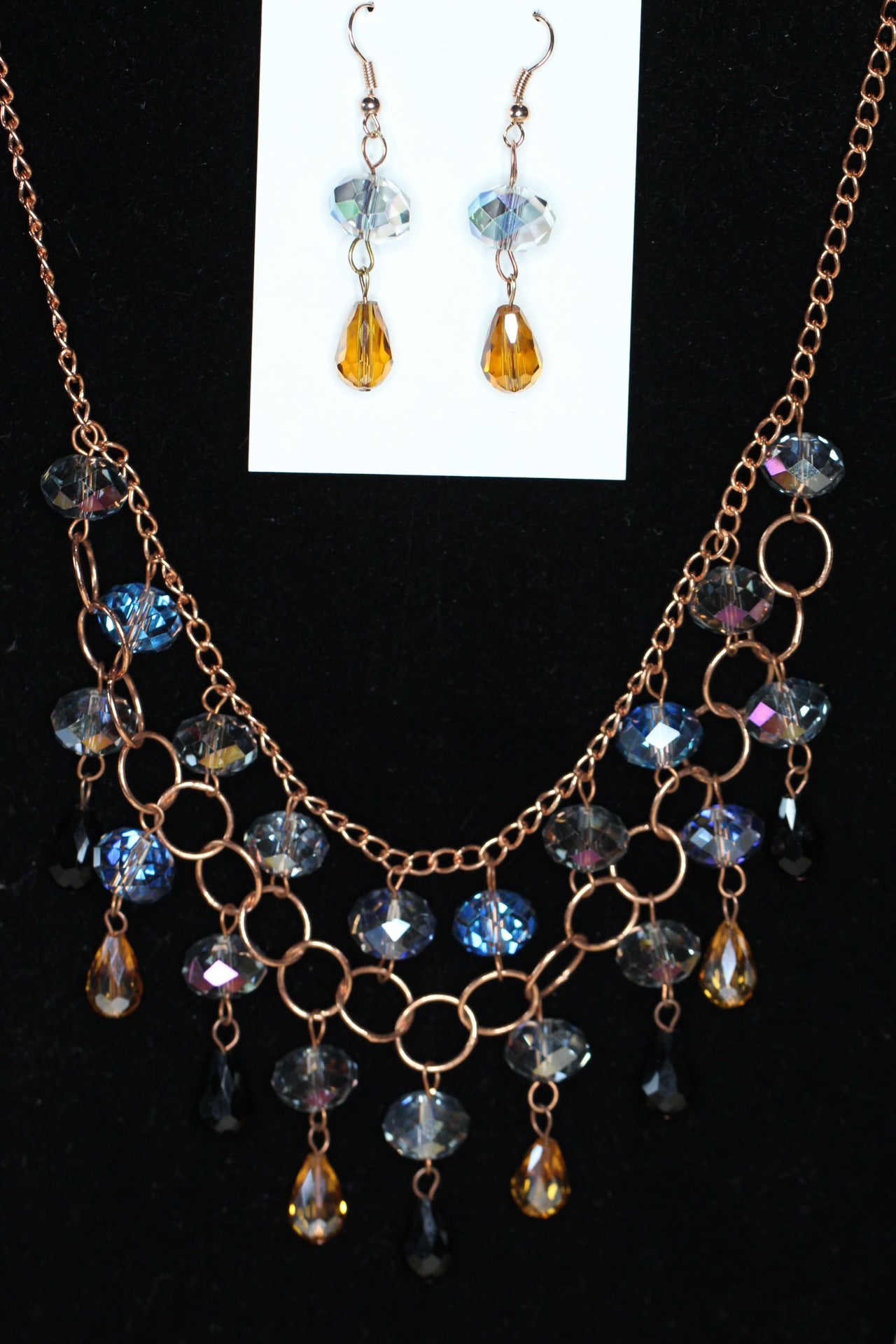 Crystal Black and Gold Teardrop Copper Chain mail Necklace and Earrings Set 21"