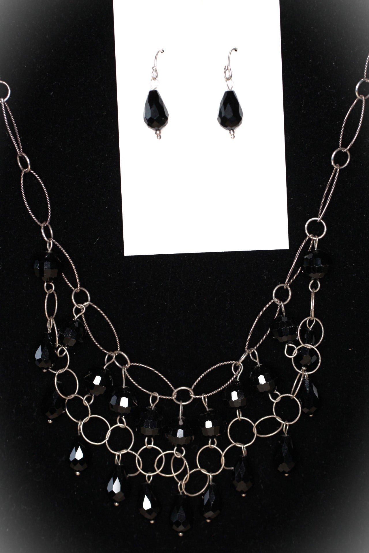 Crystal Black Teardrop .925 Sterling Silver Chain mail Necklace and Earrings Set 19"