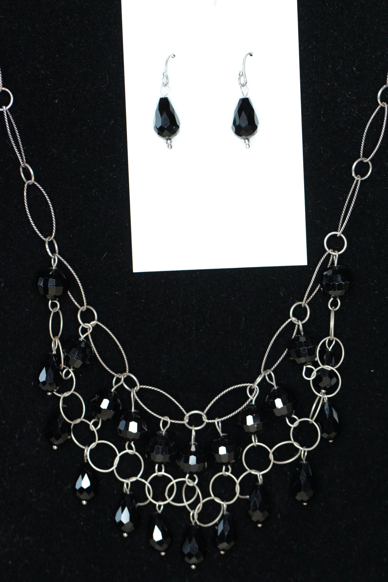 Crystal Black Teardrop .925 Sterling Silver Chain mail Necklace and Earrings Set 19"