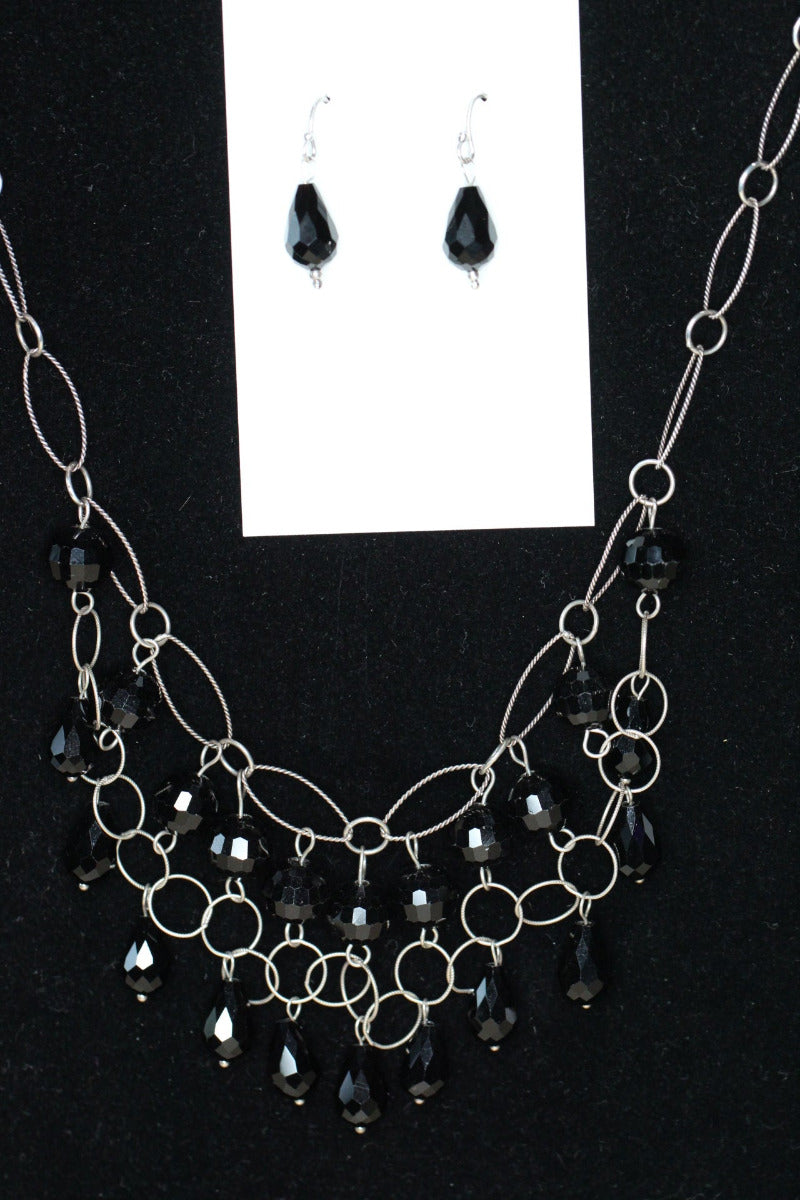 Crystal Black Teardrop .925 Sterling Silver Chain mail Necklace and Earrings Set 19"