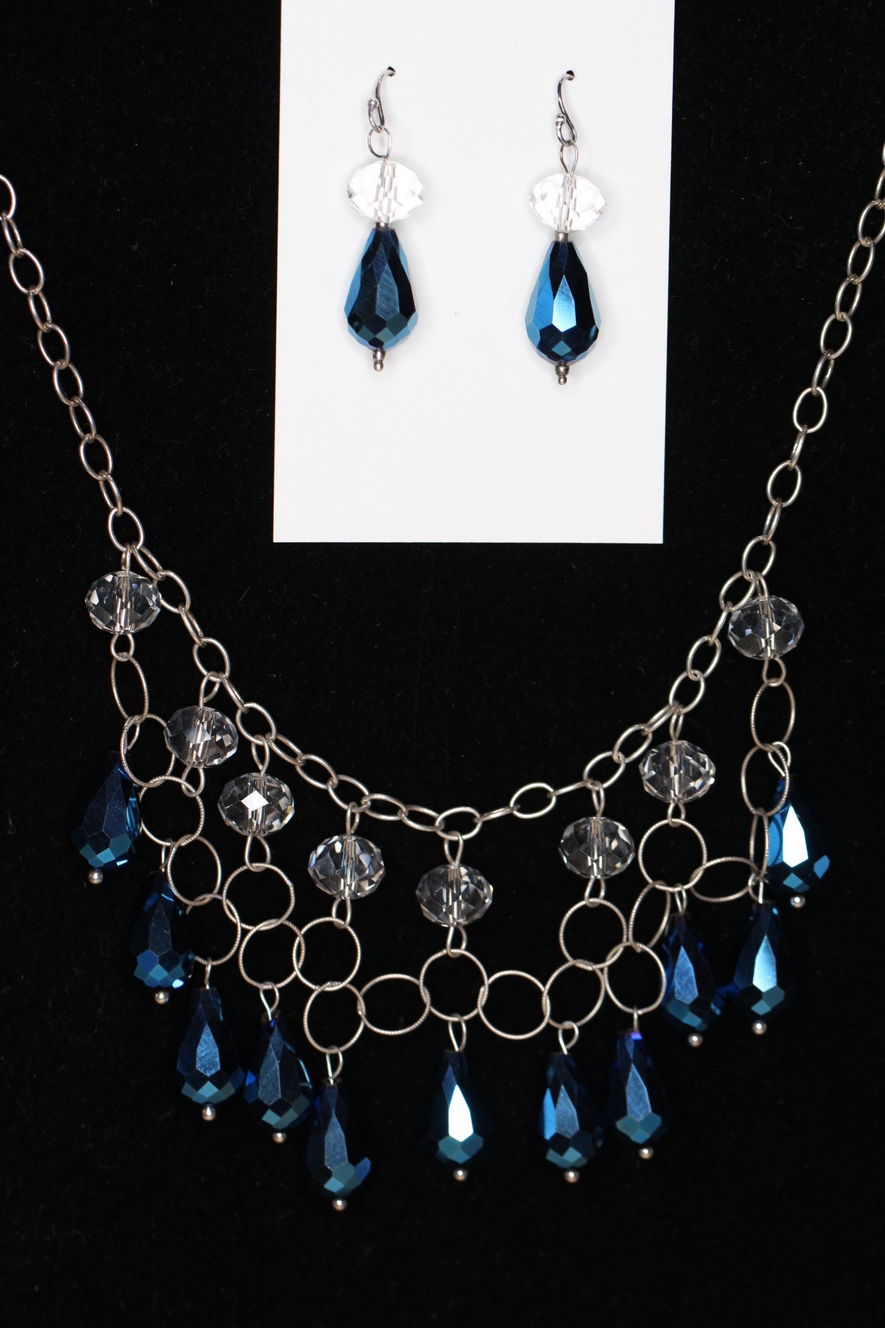 Crystal Metallic Blue Teardrop .925 Sterling Silver Chain mail Necklace and Earrings Set 18"
