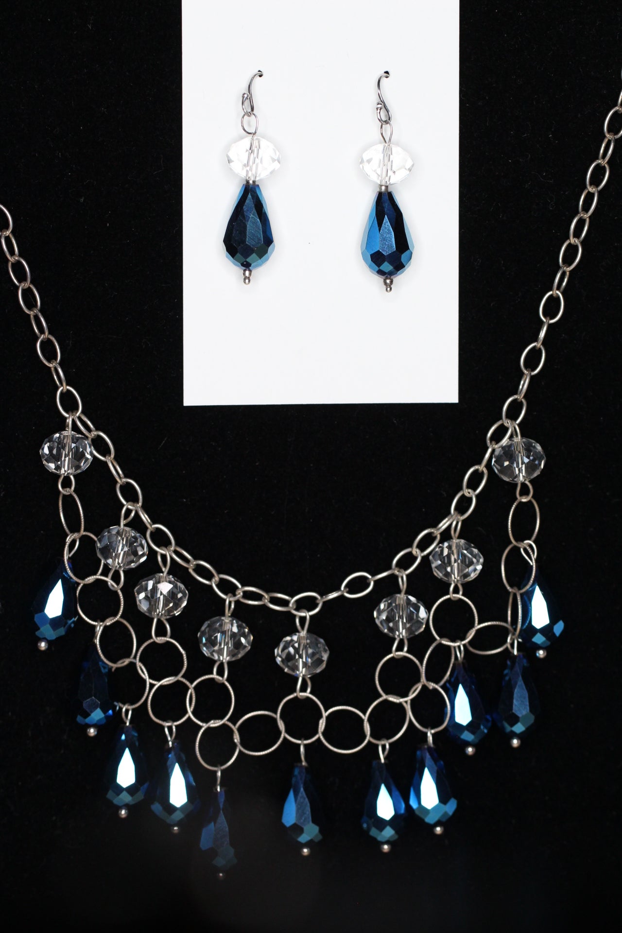 Crystal Metallic Blue Teardrop .925 Sterling Silver Chain mail Necklace and Earrings Set 18"