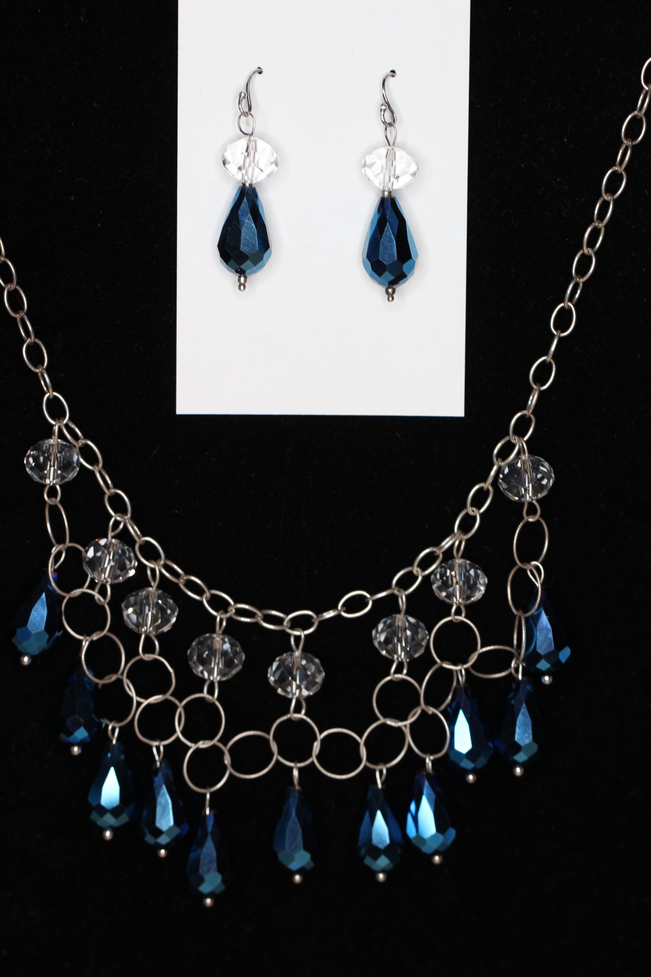 Crystal Metallic Blue Teardrop .925 Sterling Silver Chain mail Necklace and Earrings Set 18"