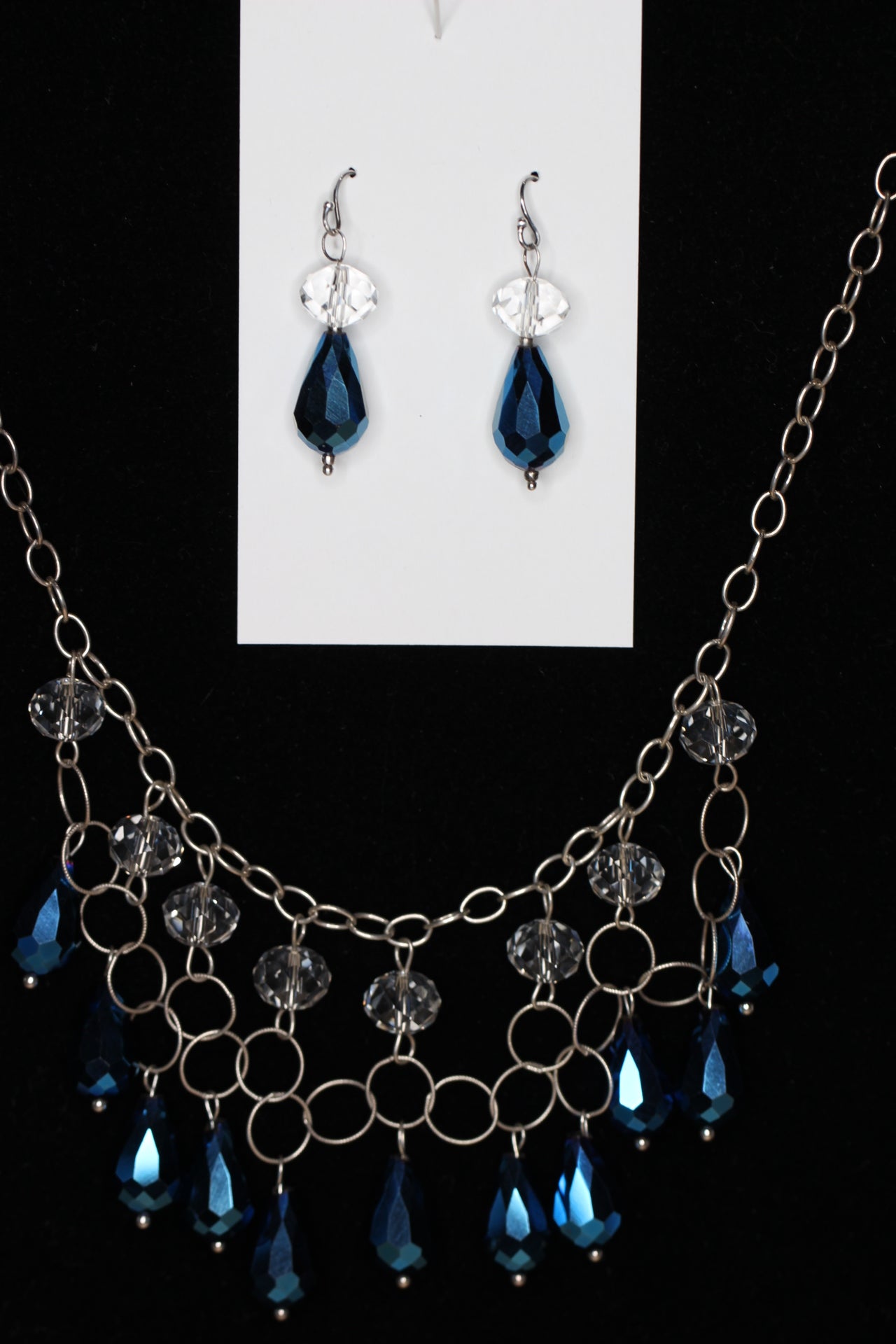 Crystal Metallic Blue Teardrop .925 Sterling Silver Chain mail Necklace and Earrings Set 18"