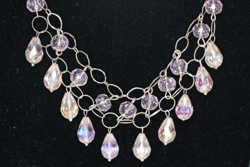 Crystal Pink Teardrop .925 Sterling Silver Chain mail Necklace and Earrings Set 19"