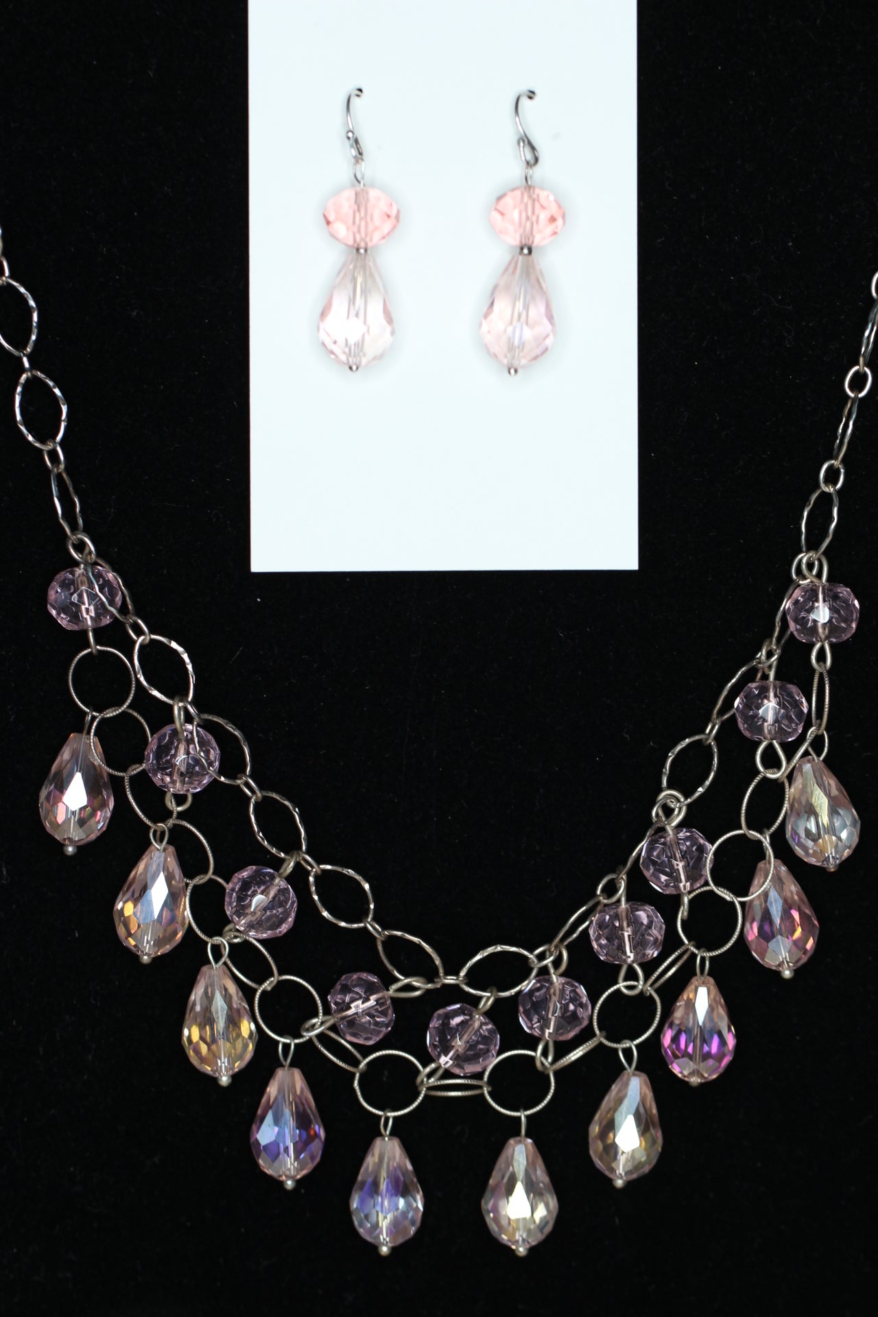 Crystal Pink Teardrop .925 Sterling Silver Chain mail Necklace and Earrings Set 19"