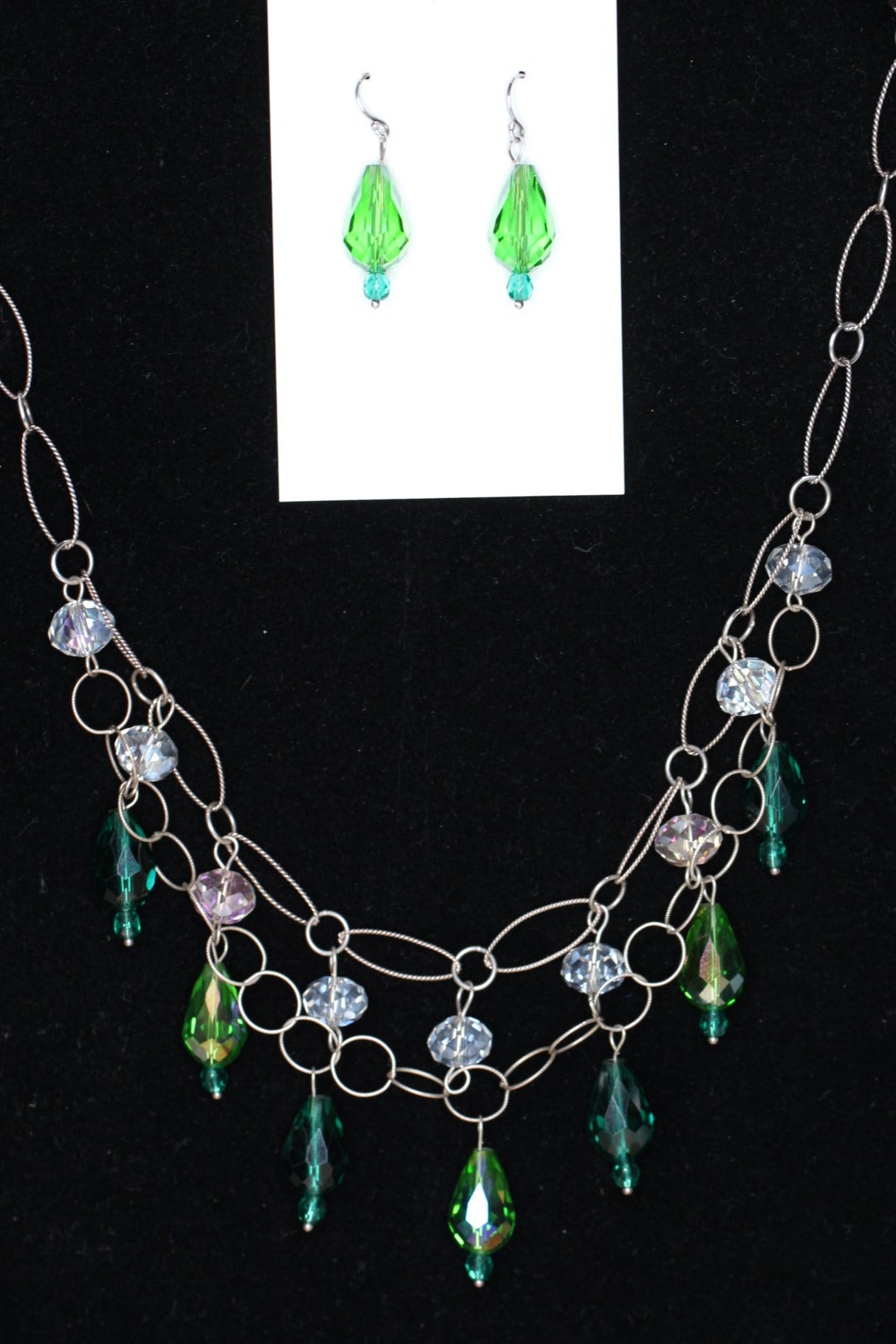 Crystal Green Teardrop .925 Sterling Silver Chain mail Necklace and Earrings Set 20"