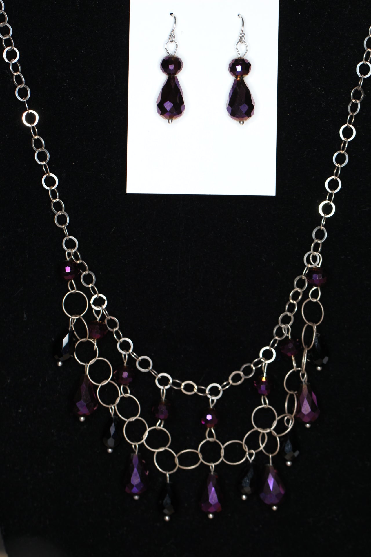 Crystal Metallic Purple Teardrop .925 Sterling Silver Chain mail Necklace and Earrings Set 20"