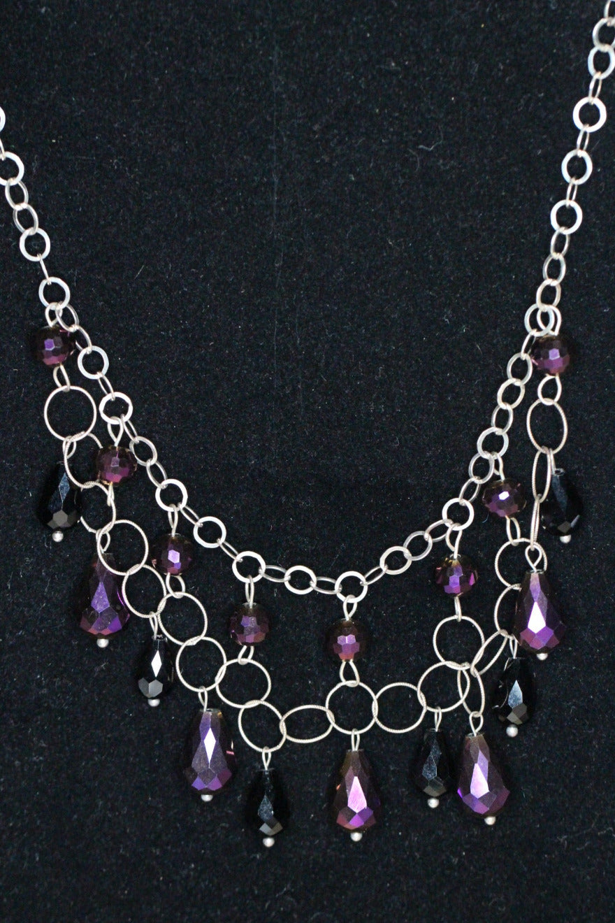 Crystal Metallic Purple Teardrop .925 Sterling Silver Chain mail Necklace and Earrings Set 20"