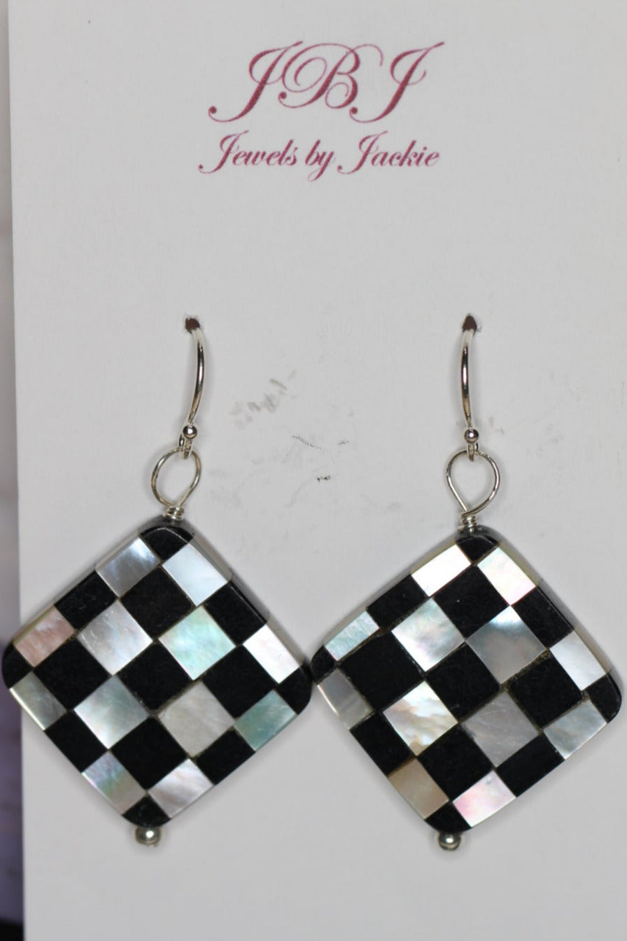 Black and White Checkered Flag Abalone MOP Inlay Gemstone .925 Sterling Silver Earrings