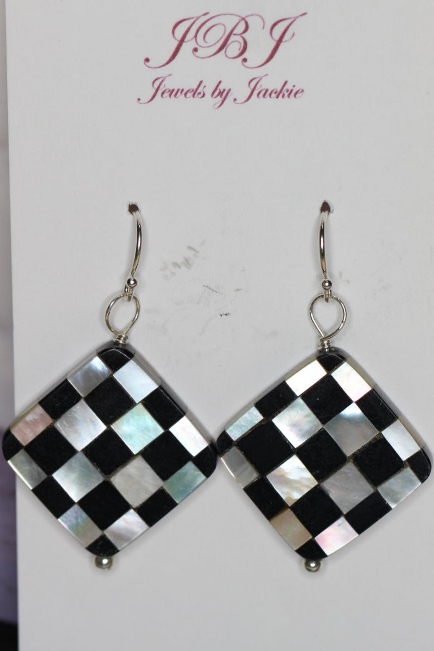 Black and White Checkered Flag Abalone MOP Inlay Gemstone .925 Sterling Silver Earrings