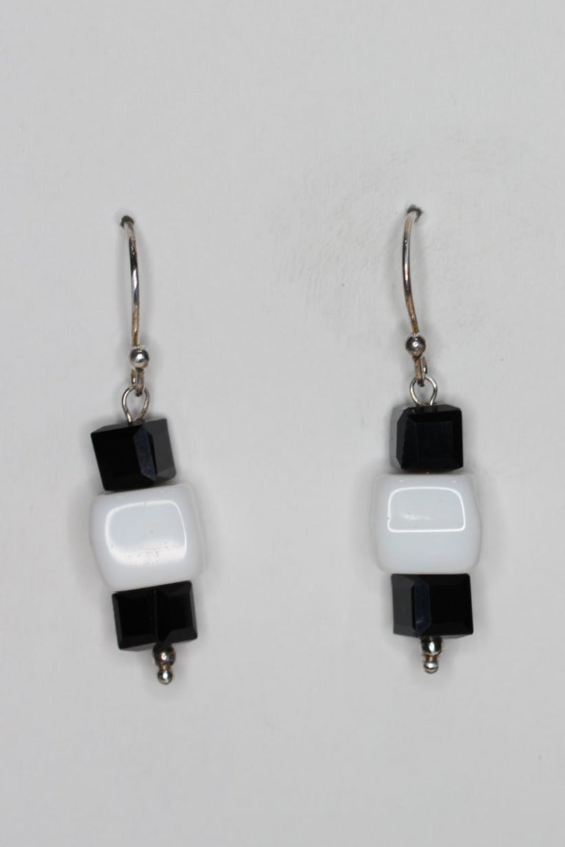 Black and White Checkered Flag Glass Beads .925 Sterling Silver Earrings 1 1/2"