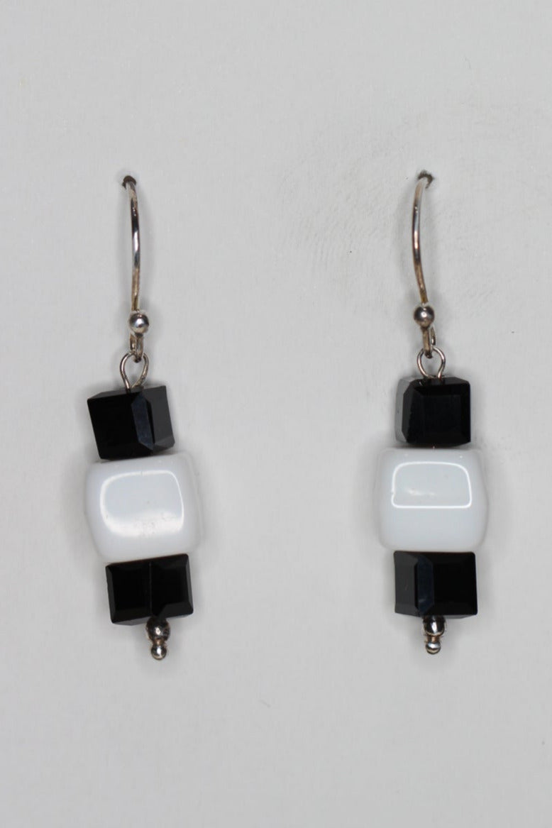 Black and White Checkered Flag Glass Beads .925 Sterling Silver Earrings 1 1/2"