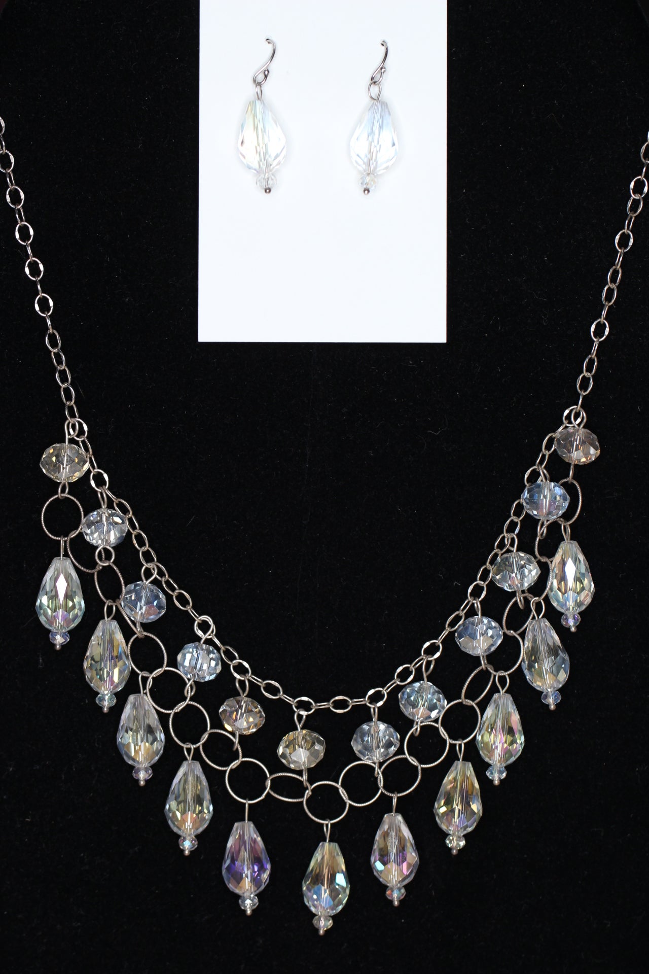 Crystal Clear Teardrop .925 Sterling Silver Chain mail Necklace and Earrings Set 18"