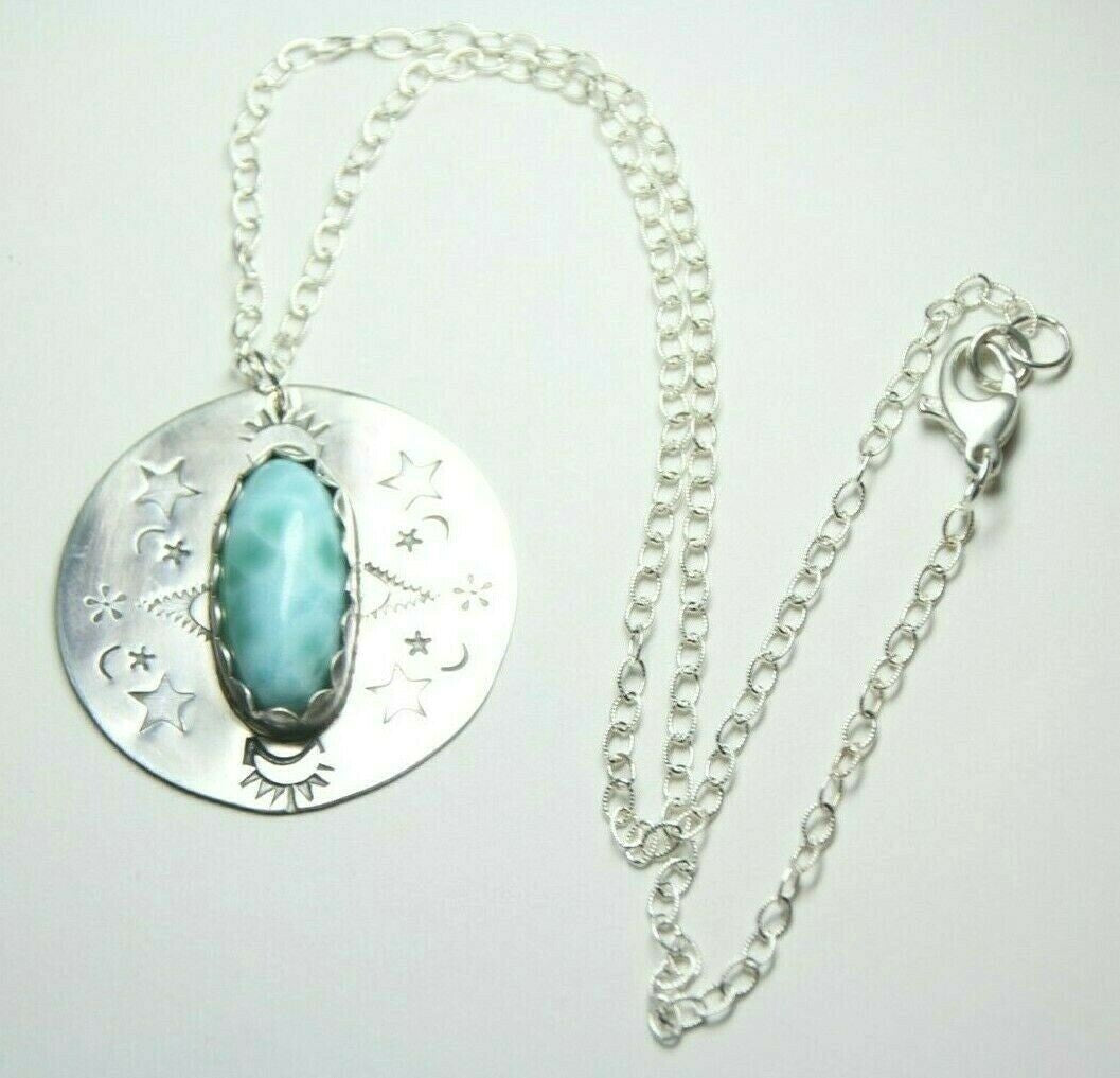 Larimar Blue Cabochon Gemstone .925 Sterling Silver Pendant Chain 18" Necklace