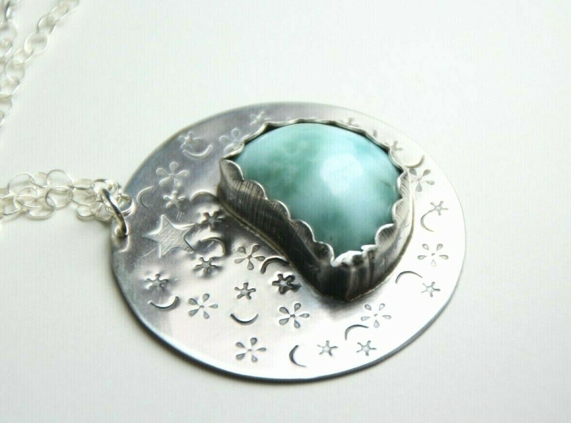 Larimar Blue Cabochon Gemstone .925 Sterling Silver Pendant Chain 18" Necklace