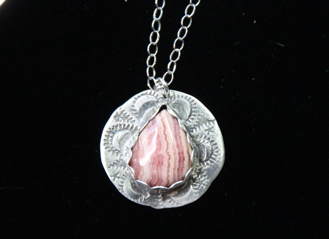 Pink Rhodochrosite Cabochon Gemstone .925 Sterling Silver Stamped Pendant 18"