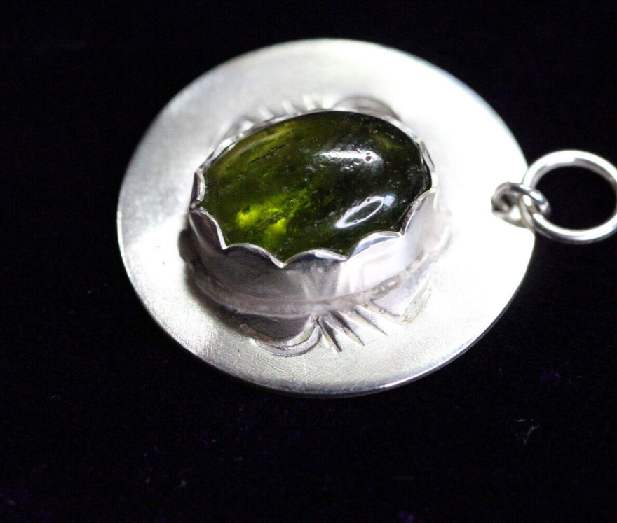 Peridot Oval Cabochon Natural Green Gemstone .925 Sterling Silver Pendant 1"