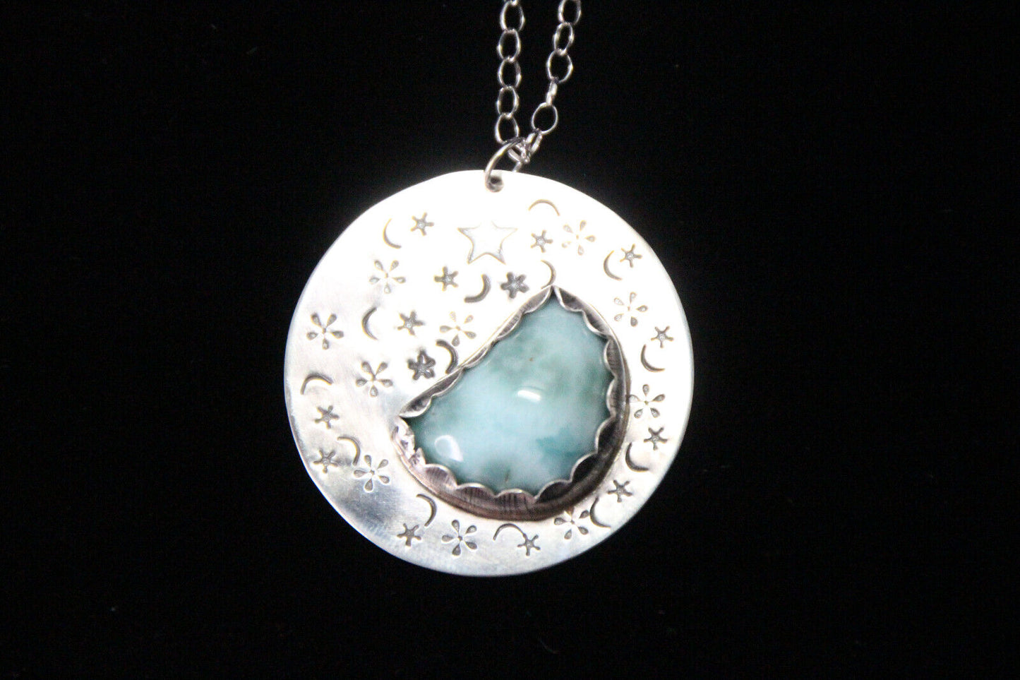 Larimar Blue Cabochon Gemstone .925 Sterling Silver Pendant Chain 18" Necklace