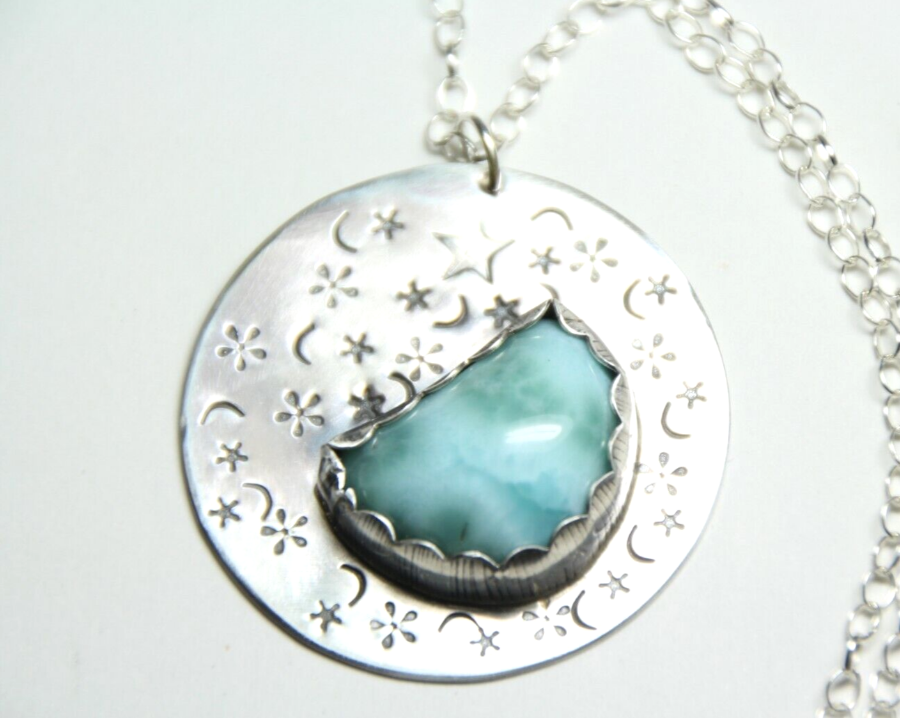 Larimar Blue Cabochon Gemstone .925 Sterling Silver Pendant Chain 18" Necklace