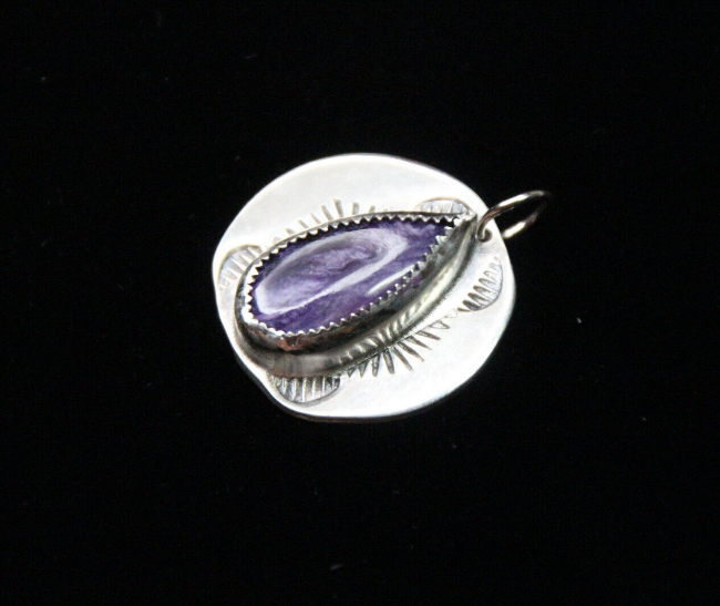 Charoite Purple Cabochon Natural Gemstone .925 Sterling Silver Bezel Pendant 1"