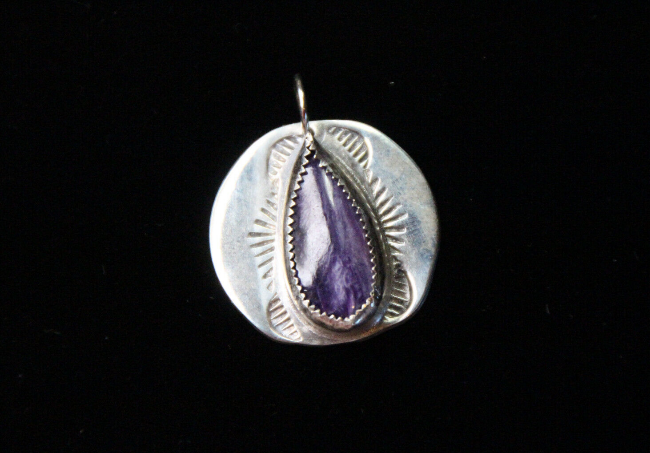 Charoite Purple Cabochon Natural Gemstone .925 Sterling Silver Bezel Pendant 1"