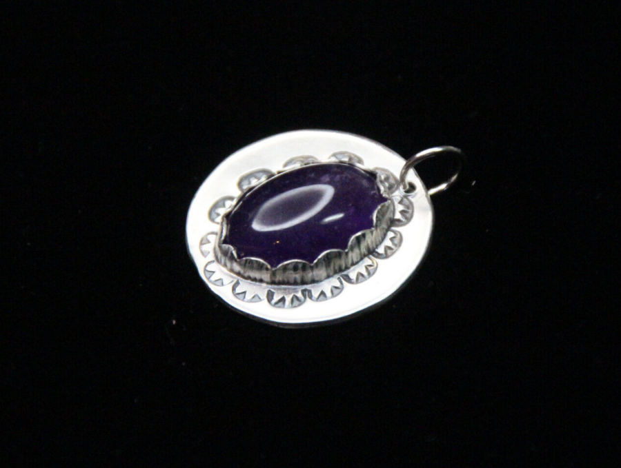 Amethyst Purple Oval Cabochon Gemstone Sterling Silver .925 Pendant Necklace 1"